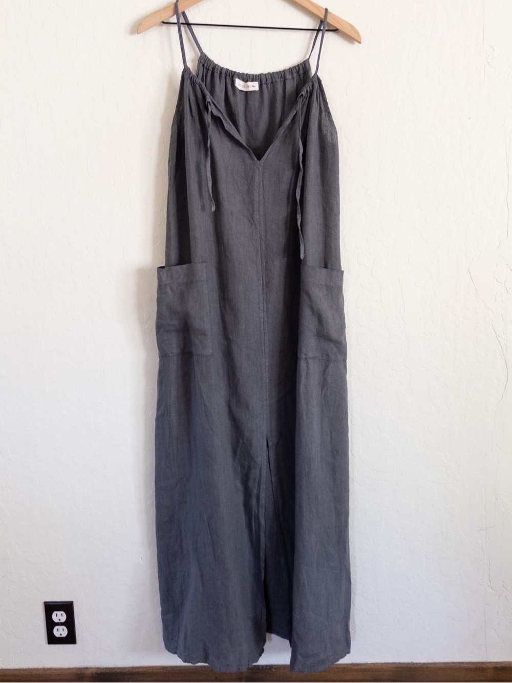 Lavender Bird 100% Linen Sleeveless Patch Pocket Maxi Dress Large Gray Lagenlook